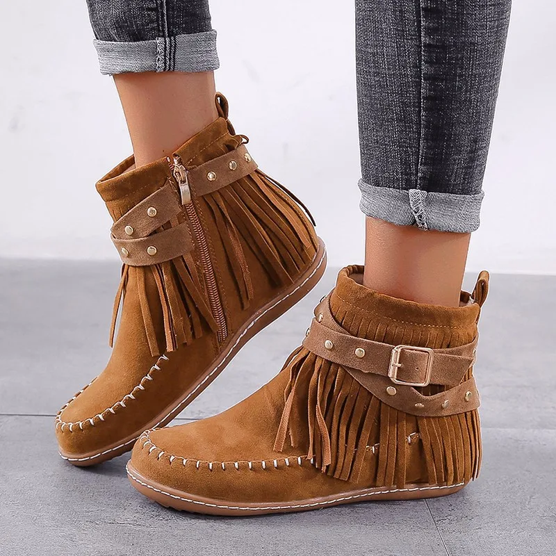 

2020 Vintage Fringe Flock Ankle Boots Women Big Size 43 Low Heel Platform Shoes Womens Light Street Fashion Brown Short