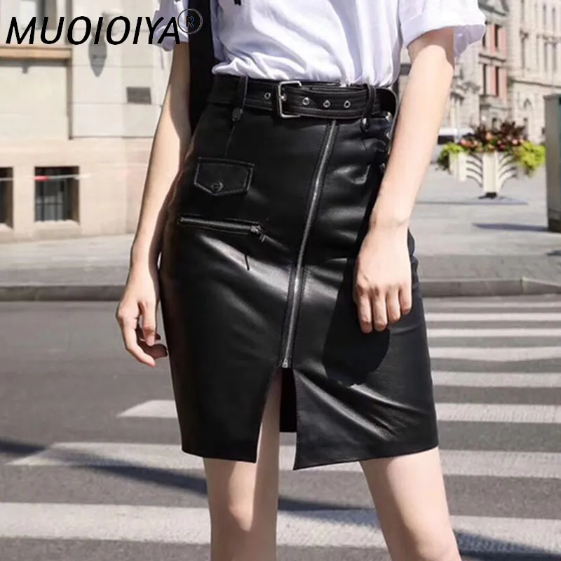

Womens High Waist Genuine Leather Skirt Ladies Real Skeepskin High Quality Front Zipper Runway Street Designer Straight Skirts