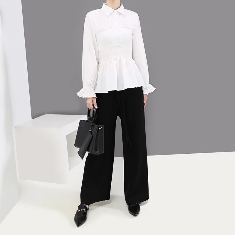 * Новинка 2019 Корейская Стильная однотонная белая женская блузка рубашка брюки