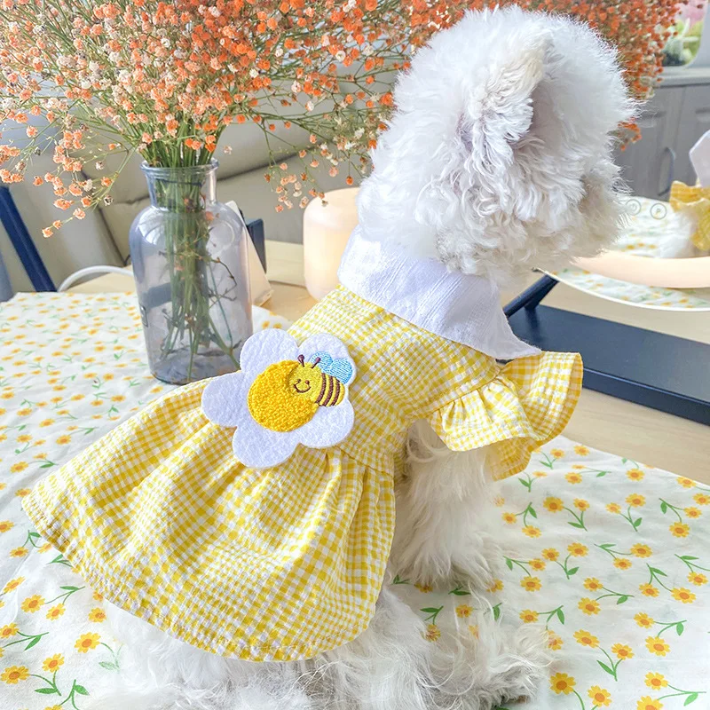 Summer Dog Dress Yellow Plaid Sunflower Sundress Princess Party Outfit Cute Puppy Cat for Small Medium Dogs Clothes | Дом и сад