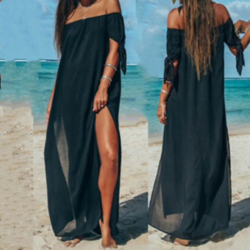 

2019 Summer Women Swimsuit Bikini Cover Up Sexy Beach Cover Ups Chiffon Long Dress Elegant Solid Beach Bathing Suit tunic kaftan