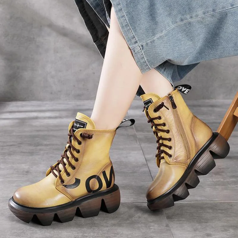 

Genuine Leather Ankle Boots for Women Shoes 2021 New Zip Winter Round Toe Leisure Handmade Sewing Concise Platform Boots Mujer