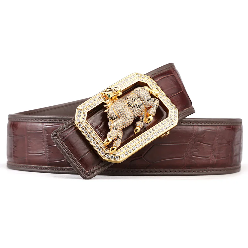 horse brown McParko Crocodile Belt Mens Leather Belts With Buckle Luxury Animal Design Genuine Leather Waist Belt with rhinestones Buckle - Цвет: horse brown