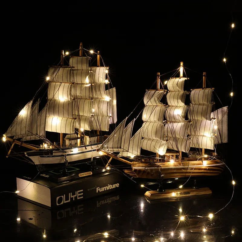

LED Light Pirates of The Caribbean Wooden Sailboat Model Living Room Bookshelf Wine Cabinet Home Decor Accessories Wood Crafts