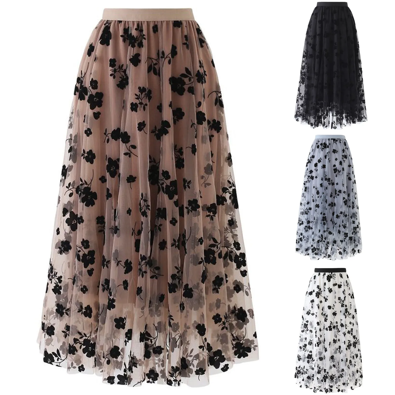 

High Waist Long Mesh Skirt Tulle Skirt Women Spring Summer Elastic Women Pleated A-line Skirt Female Midi Skirt Faldas Jupe