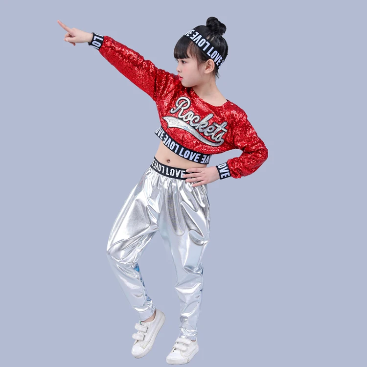 Красный Детский костюм для джазовых танцев с блестками в стиле хип-хоп блестящие