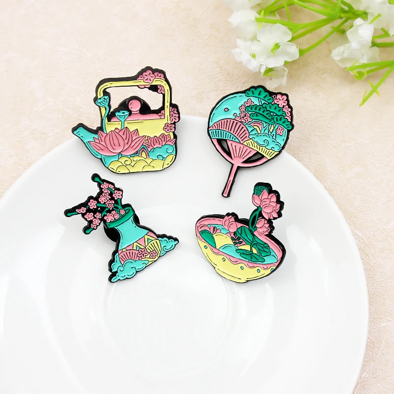 Брошь с эмалью лотос в виде чаши значок на лацкан форме цветка персика веером