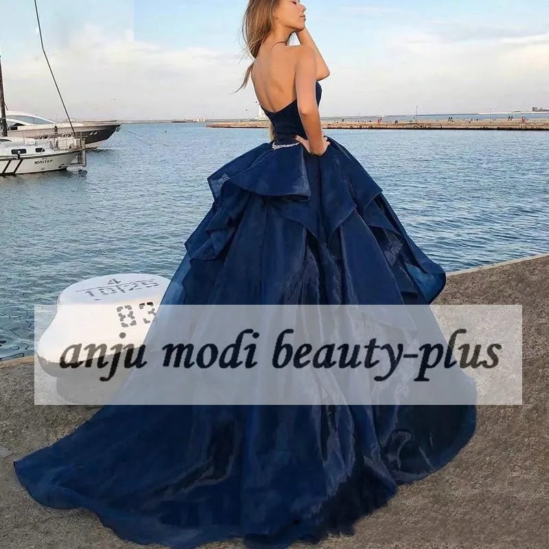 

Navy Blue Ball Gown Strapless Prom Dresses Long Organza Beaded Formal Evening Party Ball Gown Robe De Soiree