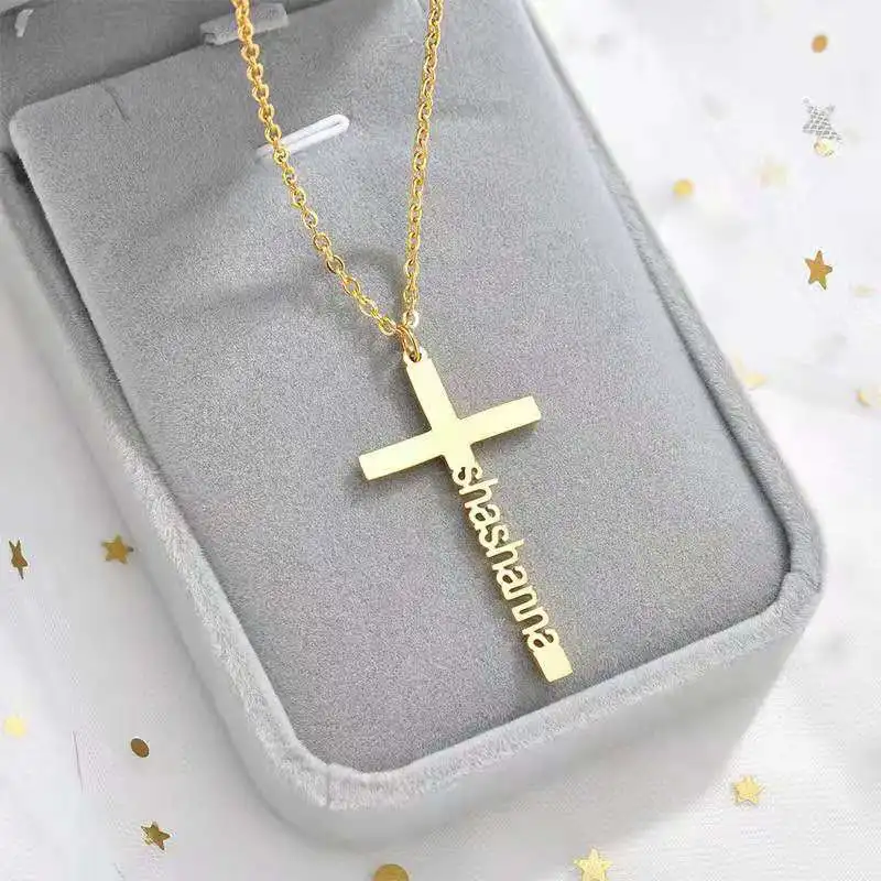 Customized Cross Necklace with Name Vintage Personalized Stainless Steel Pendan Necklace for Women Lady Party Jewelry Gifts