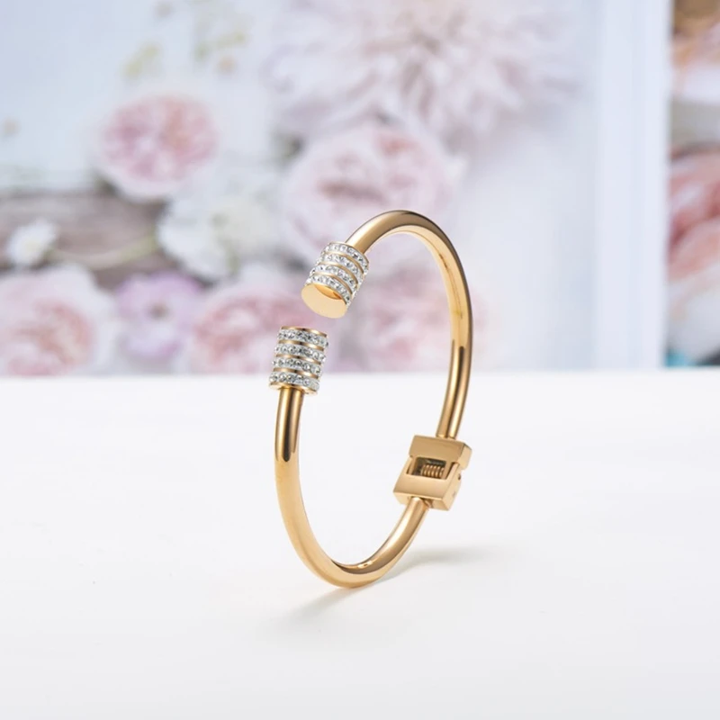 

Jewelry Zircon Bangles Couple Open Cuff Cylindrical Gold Stainless Steel Designer Bracelets For Femme Women Brazalete Mujer