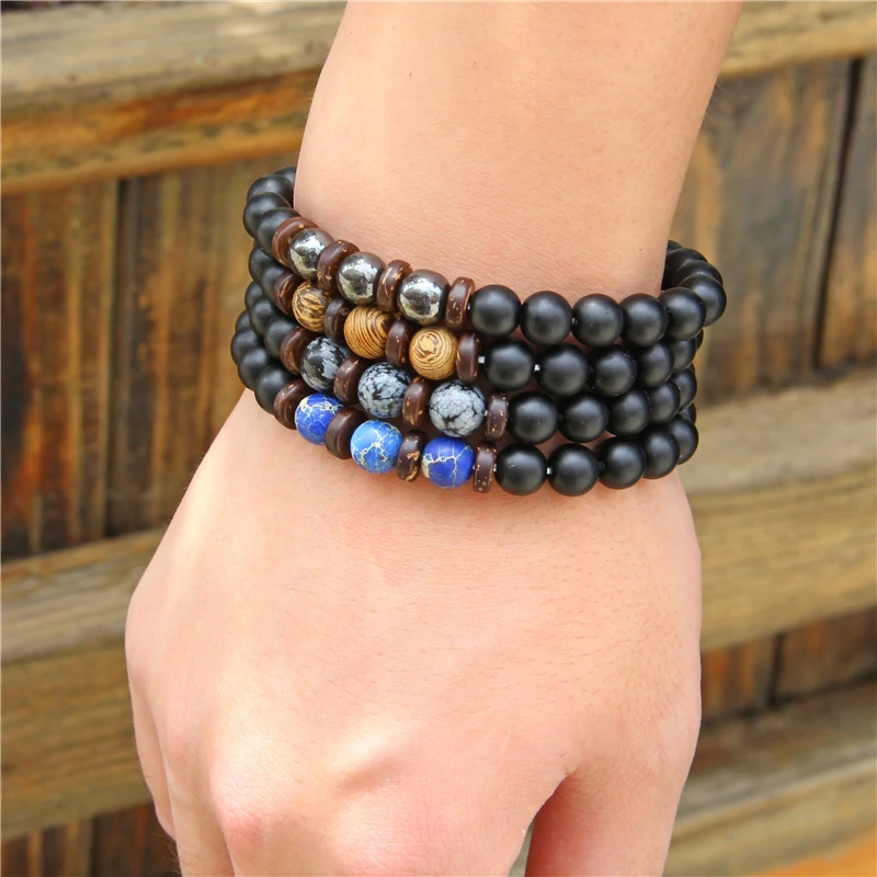 

Men Bracelets 8 mm Matte Black Onyx Agat Natural Unkaite Slice Wood Charm Bangle Women YOGA Balance Stretch Jewelry Prayer Mala