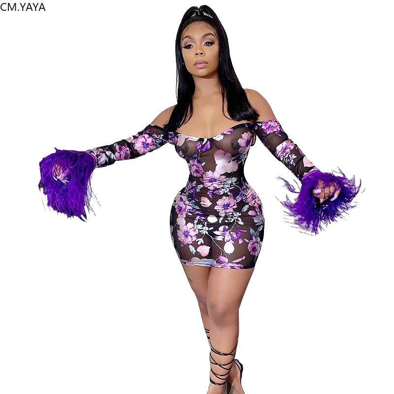 Женские 2020 зимнее мини платье с круглым вырезом и длинными рукавами Цветочный