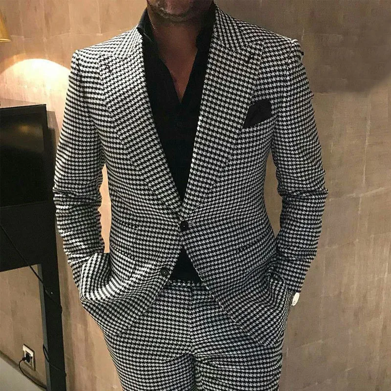 

Check Houndstooth Casual Men Suits for Groomsmen with Peaked Lapel 2 Piece Wedding Tuxedo Custom Plaid Man Fashion Jacket Pants