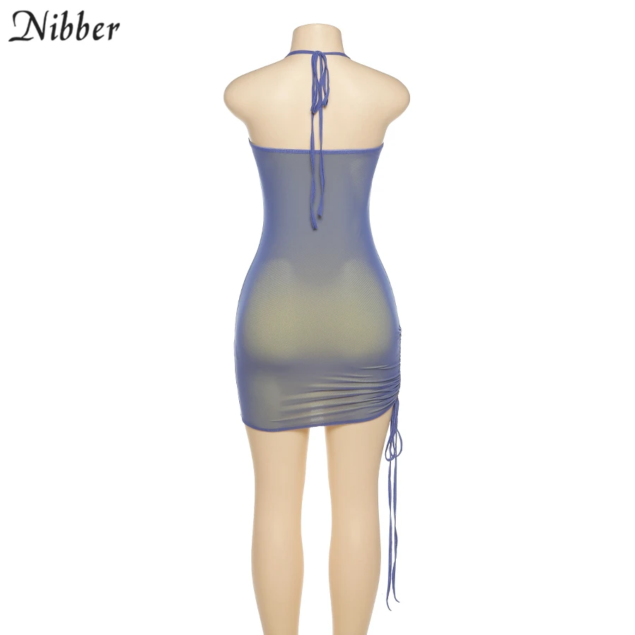 Nibber Solid Color Drawstring Party Wrap Dress Women Sling Sleeveless Halter Bodycon Club Wear Summer Sexy Basic Mini Dresses