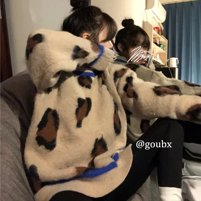 

Новинка весна-осень 2021 утепленный женский свитер в западном стиле с леопардовым принтом cмаз Свободный вязаный свитер в Корейском стиле для...