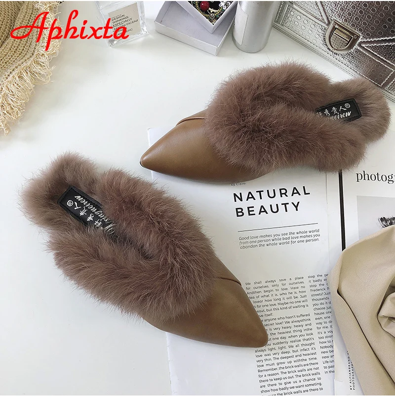 Aphixta/женские шлепанцы с острым носком; Коллекция года; обувь без задника с натуральным животным мехом; обувь с пряжкой; тапочки с натуральным мехом; женская обувь на меху