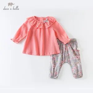 DB13005 dave bella комплект весенней одежды для маленьких девочек с цветочным принтом и бантом, милый детский комплект с длинными рукавами, Детский костюм из 2 предметов