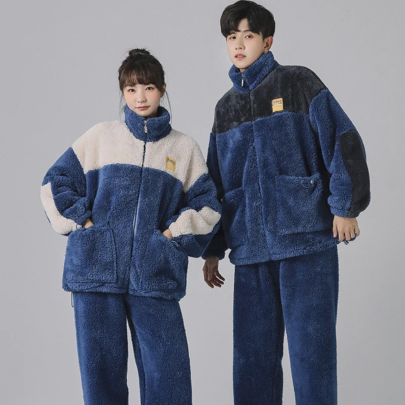 

Winter New Coral Velvet Thick Couple Pajamas Suit Women Loose Two Piece Set Homewear Men Flannel Casual Sleepwear Nighty