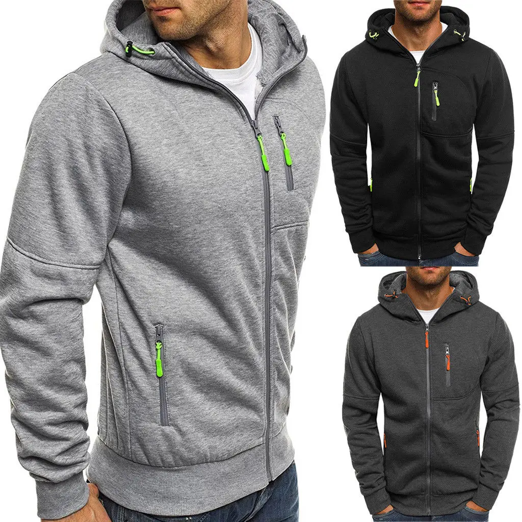 Men's Winter Hoodies Slim Fit Hooded Sweatshirt Outwear Warm Coat Jacket Plain Zip Up Casual Coat Tops Black Gray 2019