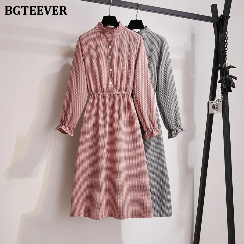 Винтажное клетчатое женское платье BGTEEVER с воротником стойкой трапеция