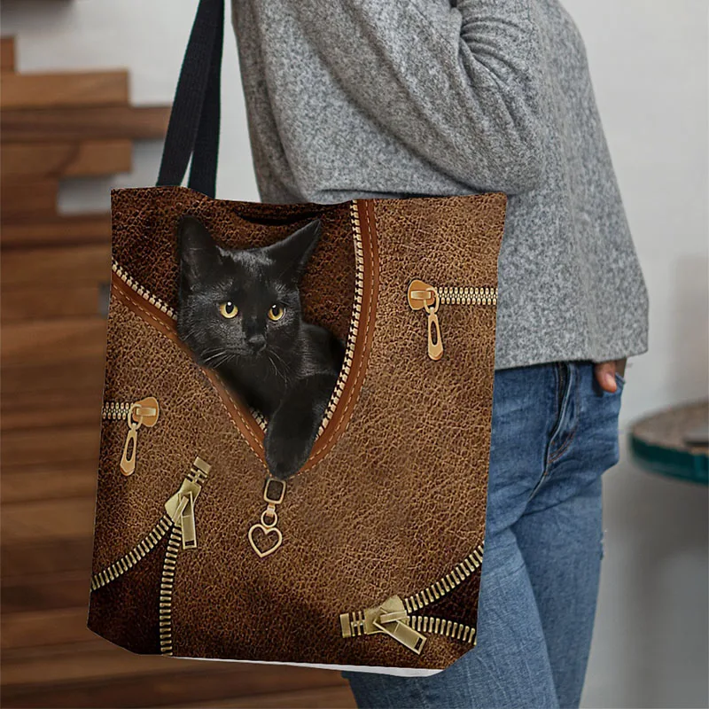 

Women's Cat Pattern Canvas Tote Bag Large Capacity Cartoon Shoulder Bags Shopping Bag Cosmetic Luggage Storage Schoolbag Gift