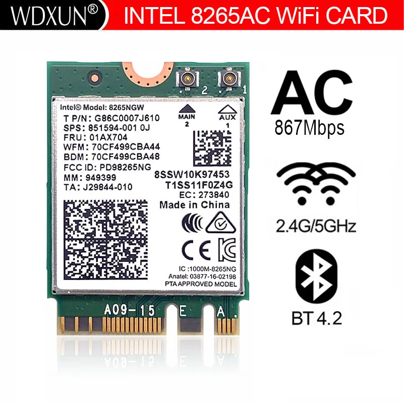 Новинка двухдиапазонный беспроводной адаптер-AC 8265 Intel 8265HMW 2,4G/5G 802.11ac 867 Мбит/с Bluetooth 4,2 8265AC 2x2 MU-MIMO NGFF M.2 Wifi карта