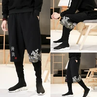 japanese casual fashion style mens trousers wave embroidery fake two piece summer party streetwear linen wide leg pants kimono