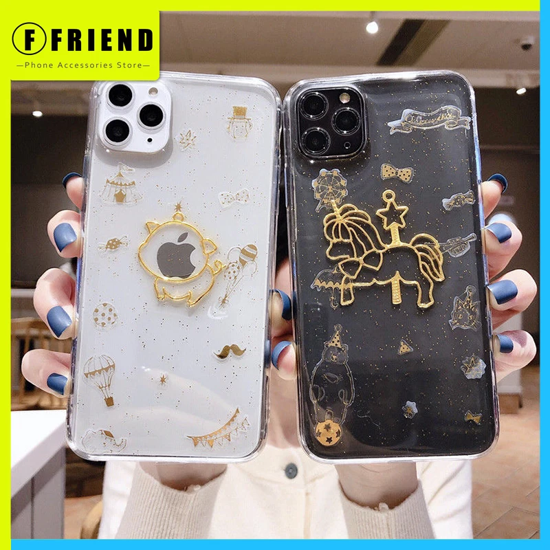 

Cute Gold Line Carousel Pig Animal Cartoon Design for Iphone 11 12 Mini Pro Max 7 8p Se Xs Xr Soft Women Girl Phone Cases Cover