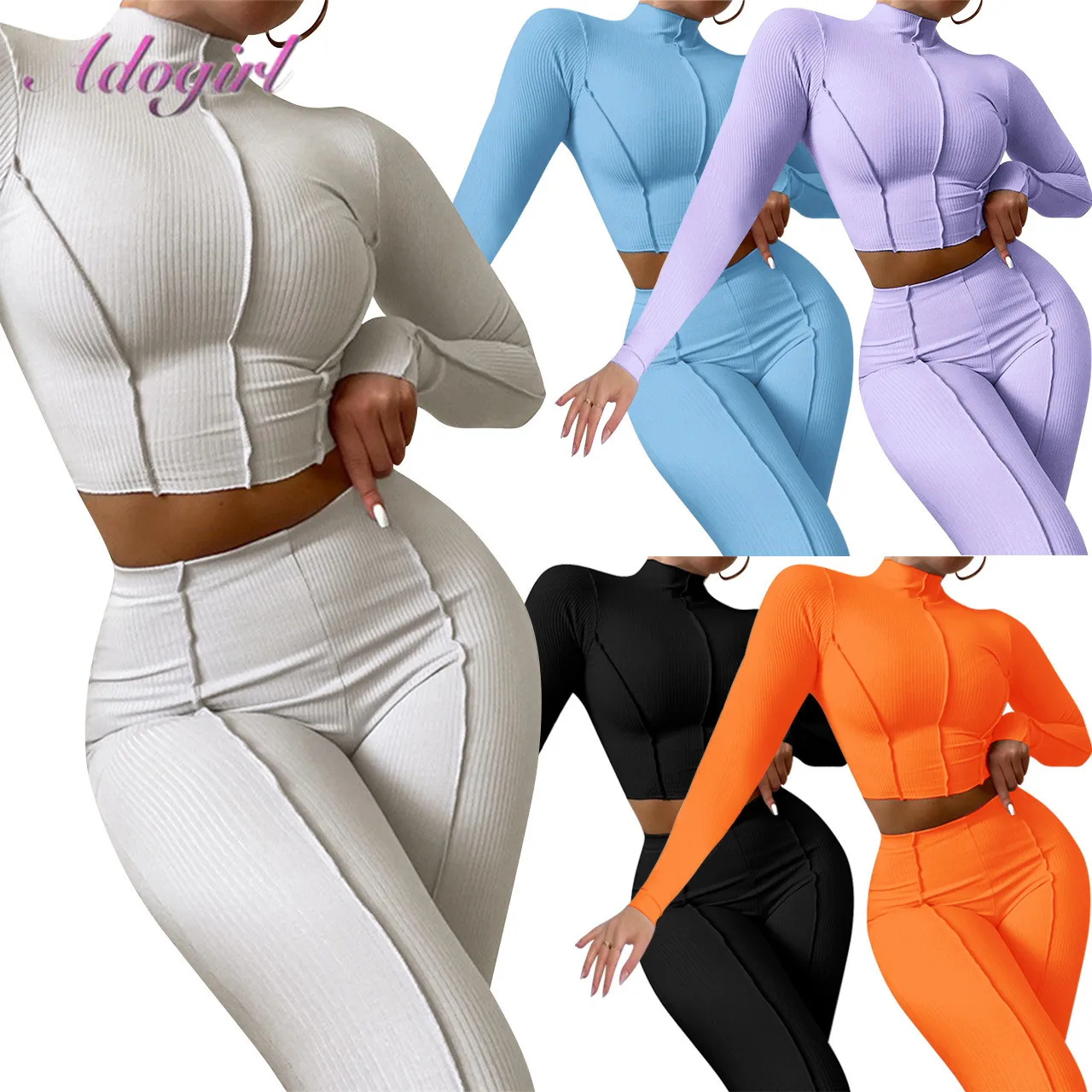 

Fitness Rib Knitted Two Piece Set Sportwear Matching Set Solid Long Sleeve Crop Tops Sweatshirt Legging Pants Joggers Tracksuit