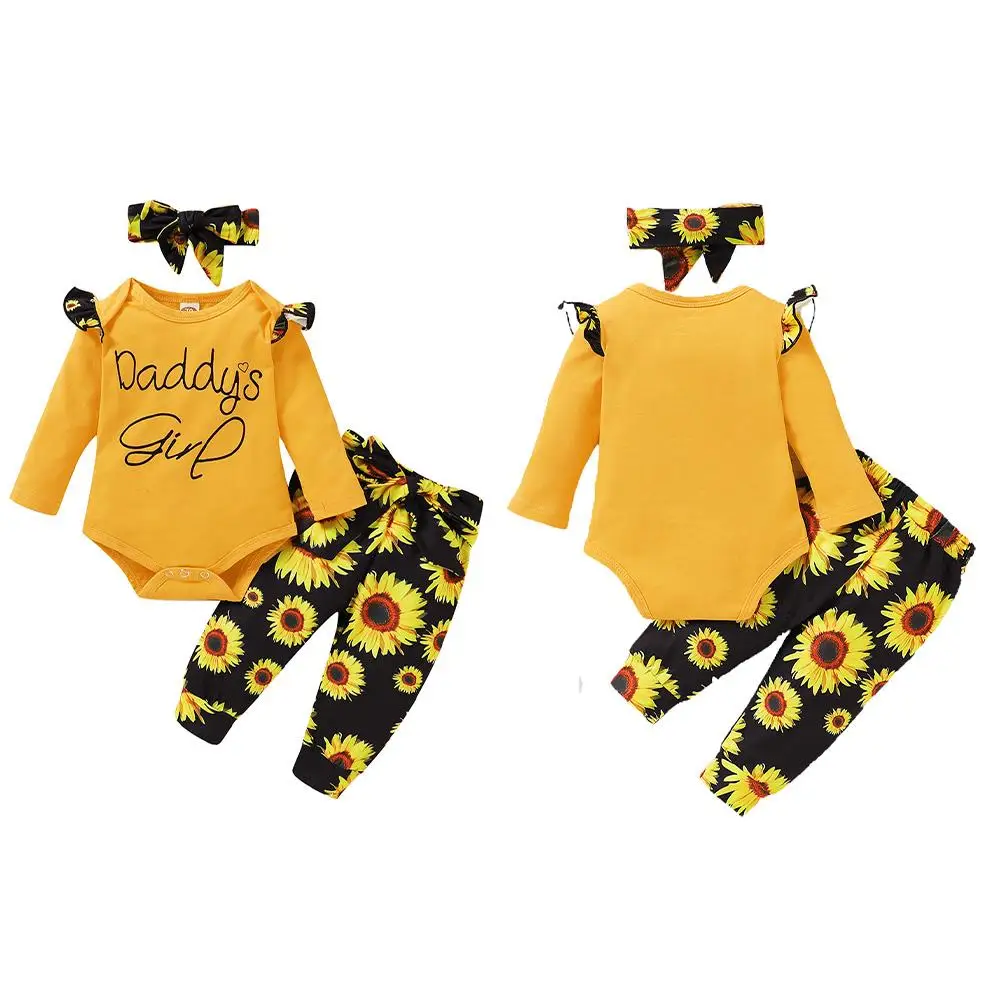 

3pcs Printed Outfits Set Baby Girls Long Sleeve Romper Floral Print Pants Headband Jumpsuit Suit