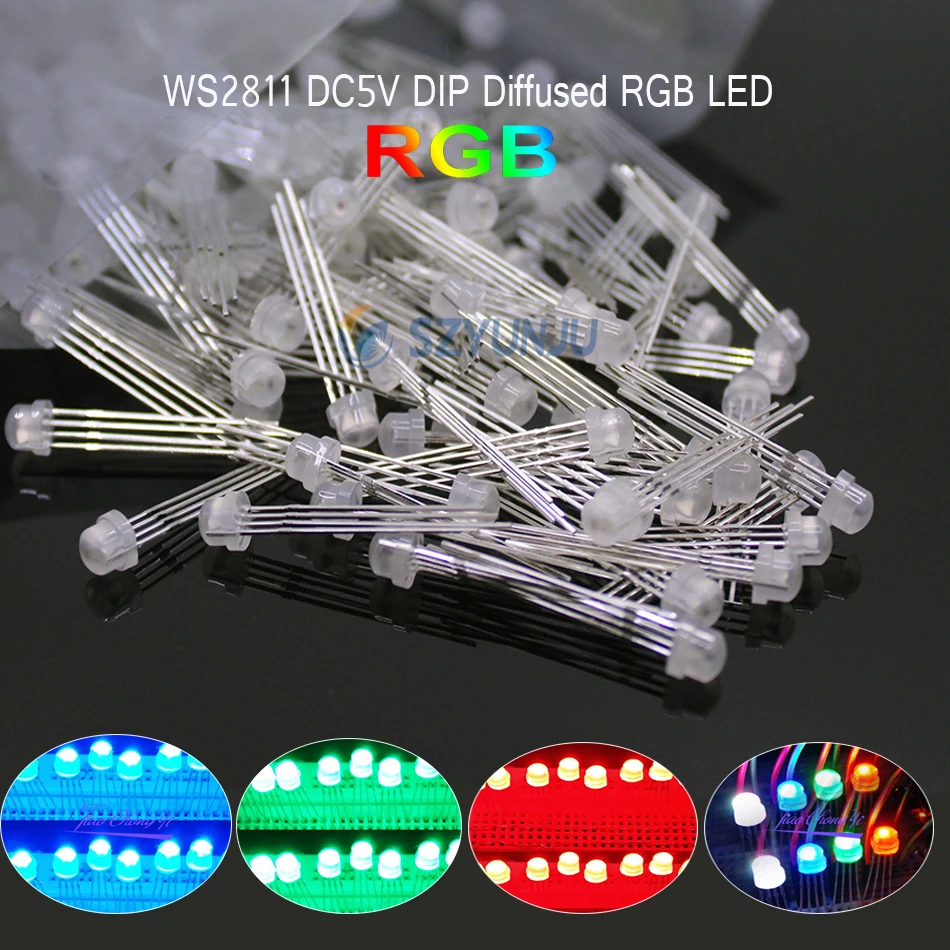 

5-1000pcs DC5V straw hat Diffused full-color RGB led with WS2811 F5mm pixels Arduino led chips RGB full color addressable LEDs