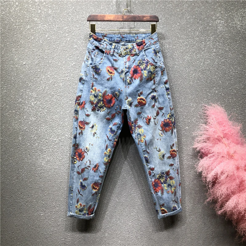 Flower Jeans Woman 2020 Spring New High-Waist Loose Harem Pants Personality Printed Denim Trousers Female Femme | Женская одежда