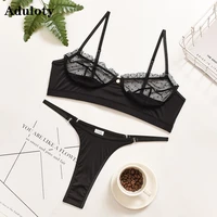 aduloty sexy womens underwear hollow lace wave point perspective bra set comfortable push up underwear set thong lingerie set