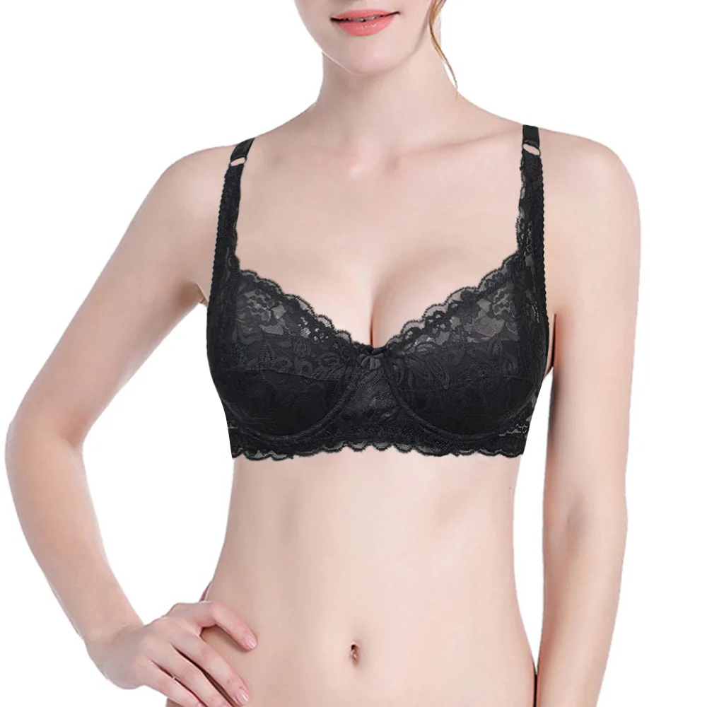 

Женский удобный Кружевной укороченный топ, ультратонкие Черные Бюстгальтеры на косточках, Привлекательный бюстгальтер с вышивкой A, B, C, D, DD,...