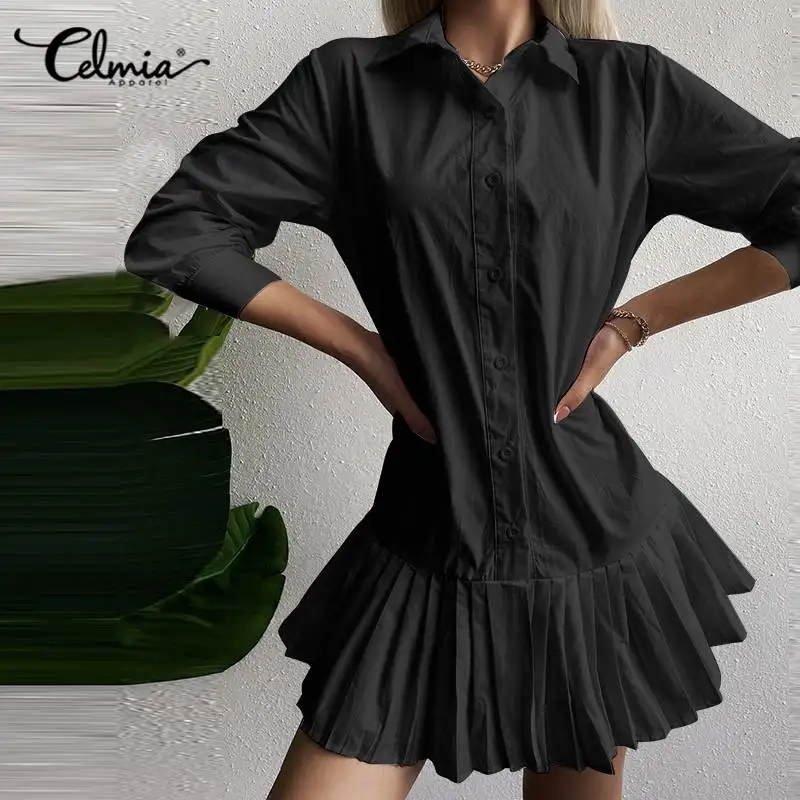 

2022 Autumn Fashion Solid Shirt Dress Celmia Lapel Long Sleeves Vestido Casual Buttons Pleated Stitching Mini Dresses Oversized