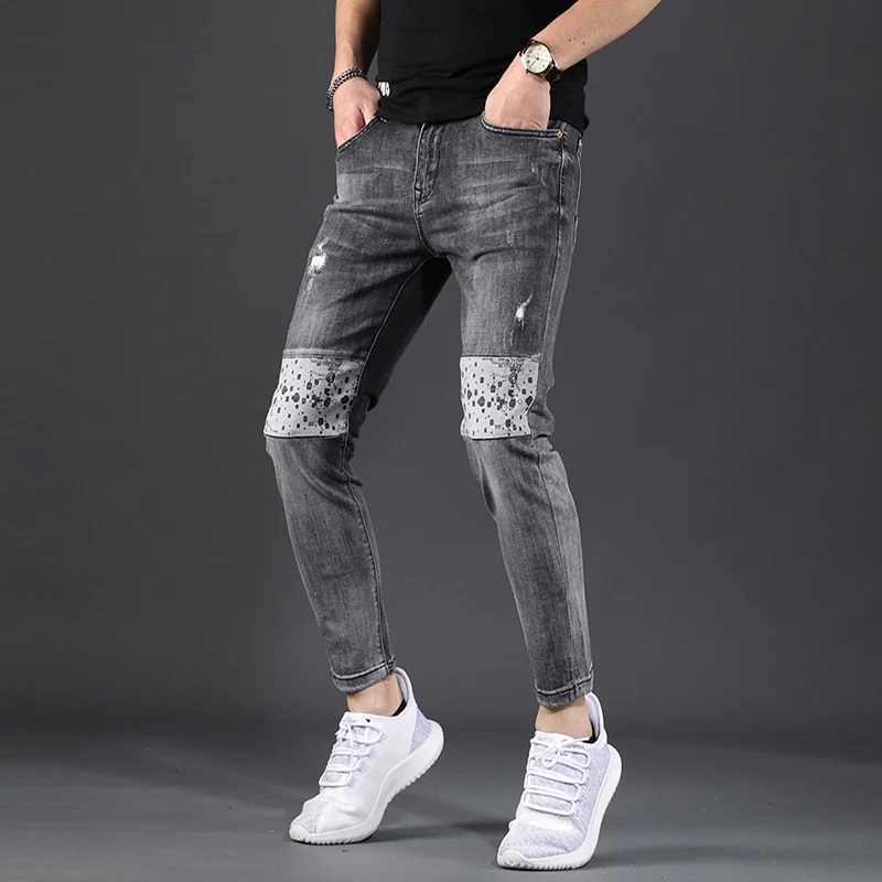 Summer Men's Dark Gray Ripped Jeans Fashion Casual Dots Printed Slim Fit Ankle-Length Pants