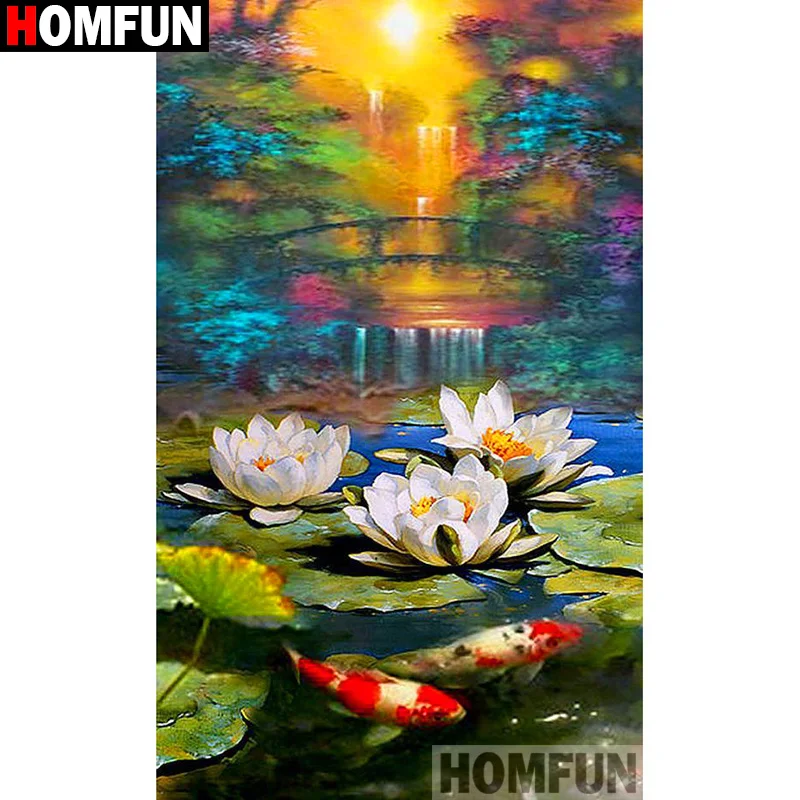 Алмазная 5D Вышивка HOMFUN Лотос Карп полноформатная круглая/квадратная алмазная