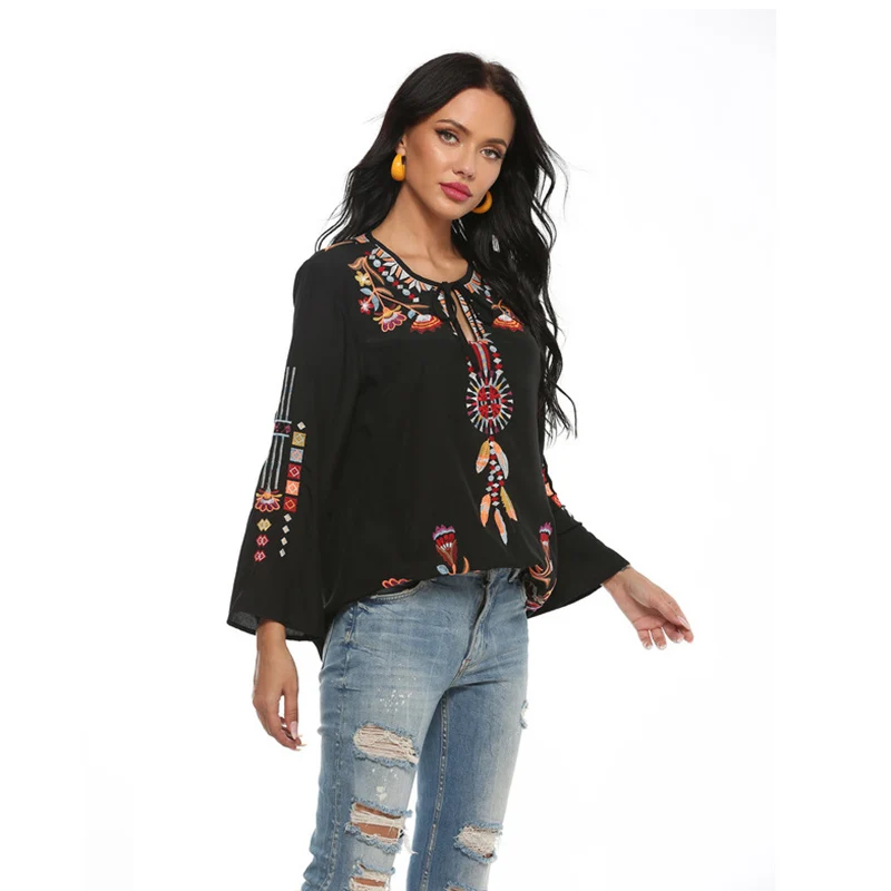 Новые хлопковые Черные блузки с вышивкой в стиле бохо Женская хлопковая рубашка