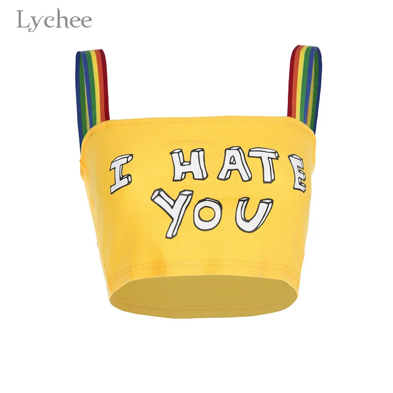 Lychee Harajuku Радужный Полосатый ремень с буквенным принтом женская майка с цветным блоком с открытыми плечами женская летняя майка Женская майка