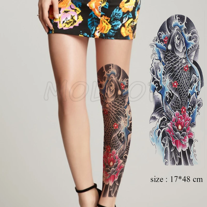 

Full Arm Waterproof Temporary Tattoo Sticker color carp fish wave flower Fake Tatoo Stickers Flash Tatto Body Art for Man Woman