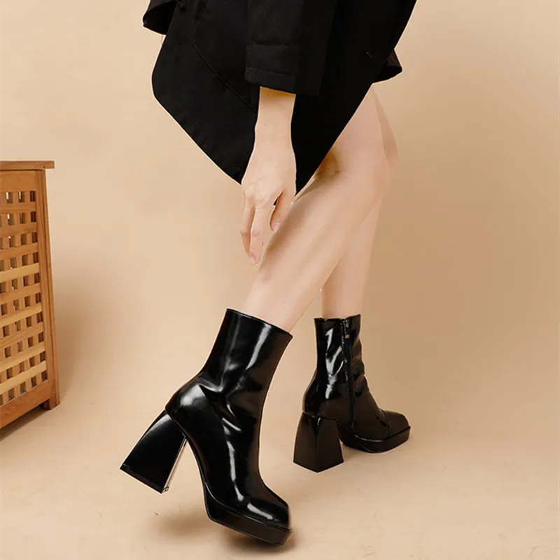 

Prowow Autumn Winter Ankle Boots Women Patent Leather Fashion Square Toe British Style Chunky High Heel Martin Boot Botas Cortas