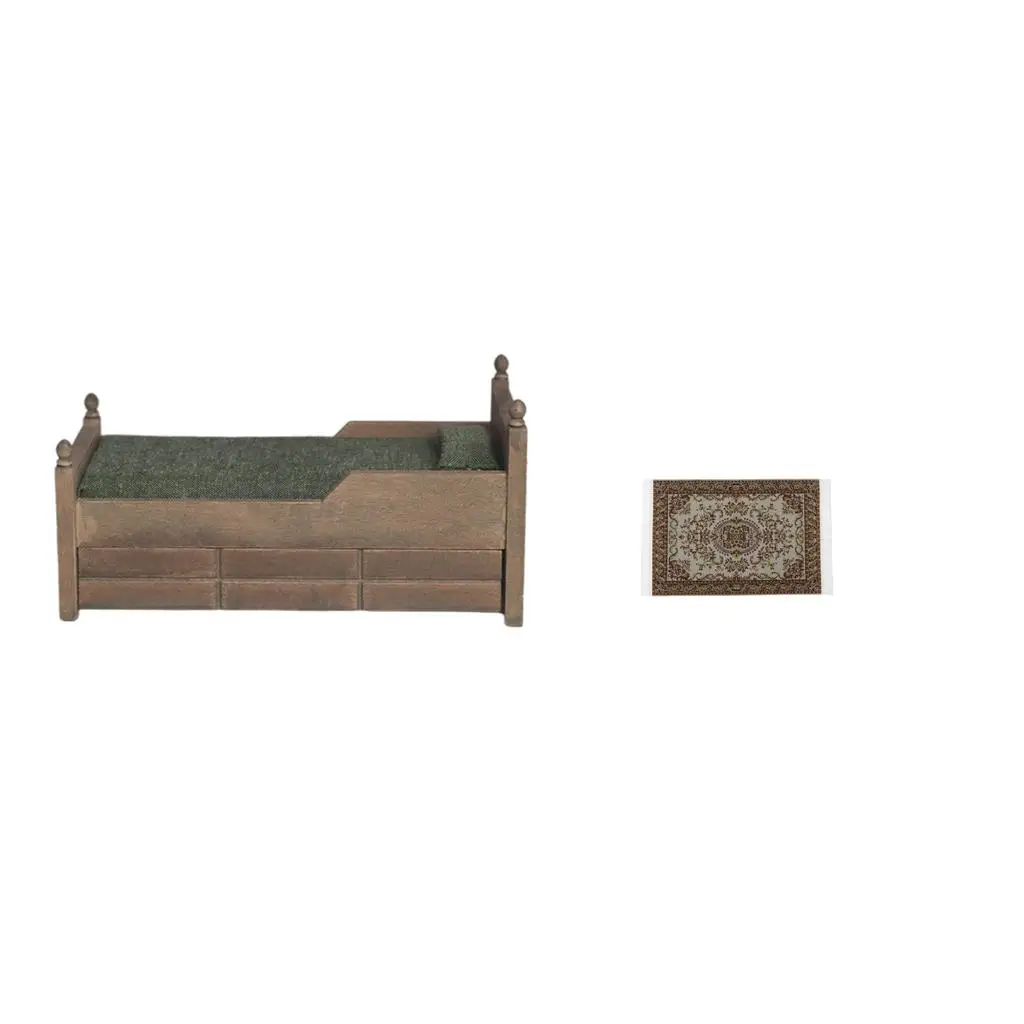 

1/12 Dollhouse Miniature Bed and Rug Carpet Floor Mat Room Decoration
