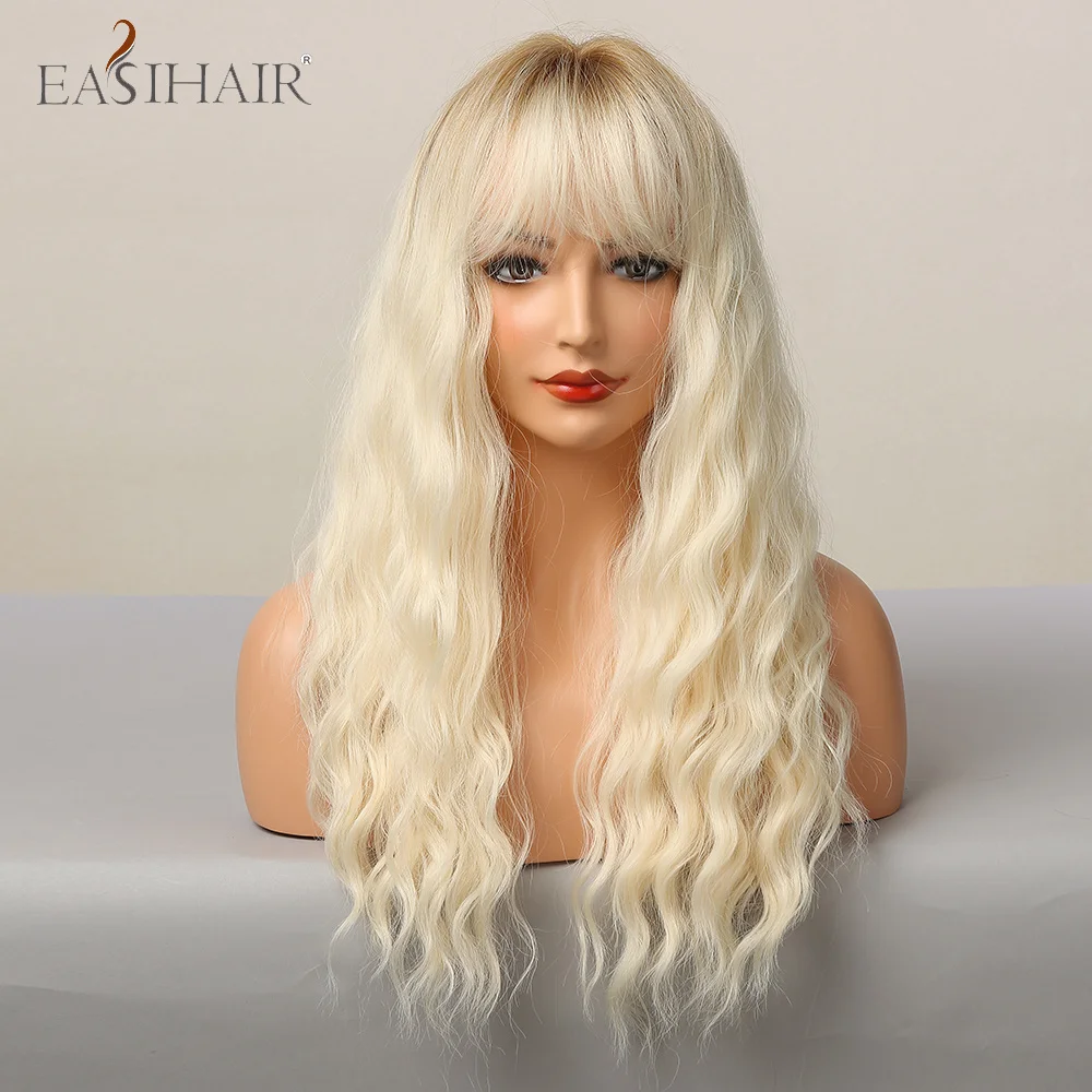 EASIHAIR-Peluca de cabello sintético ondulado para mujer, cabellera artificial larga con flequillo, color rubio platino claro, resistente al calor