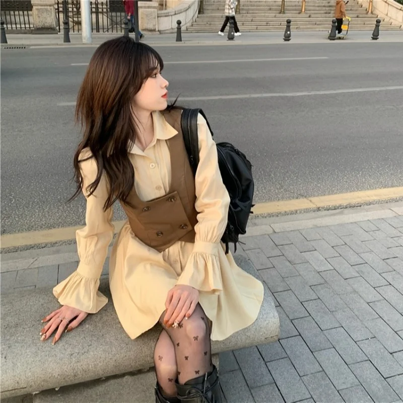 Dress Real Shot Spring New Retro Vest Short Jacket + Sweet A-line Slim Waist |