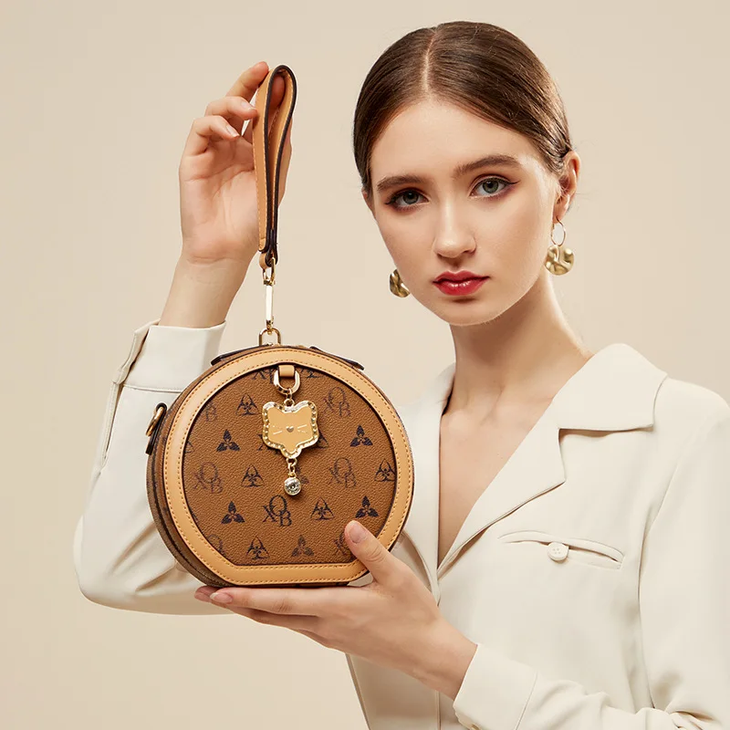 

Luxury Brand 100% Genuine Leather High-grade Western Style Small Round Bag, Retro Classic Old Flower One-shoulder Messenger Bag