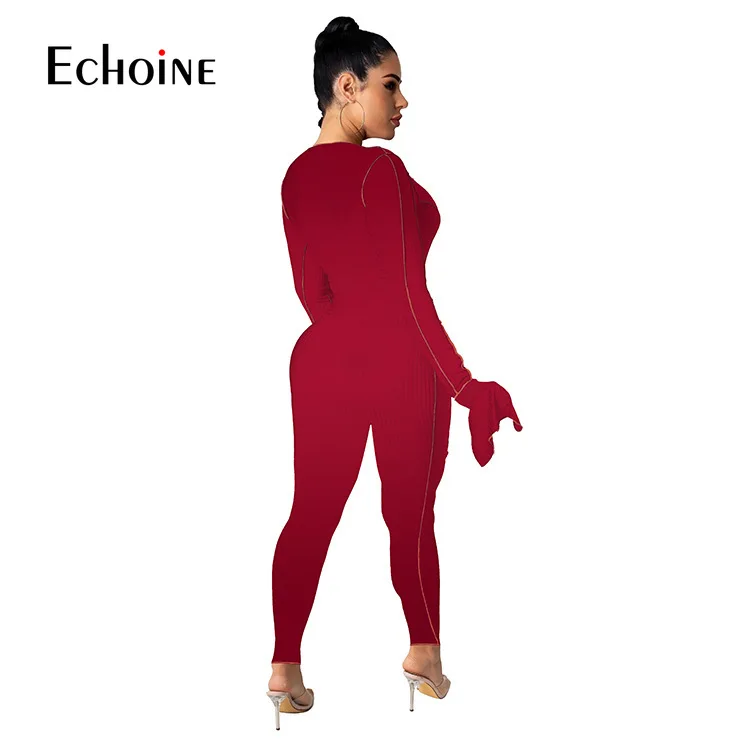 

Echoine Autumn Women Long Sleeve V-neck Jumpsuit Hollow Out Sexy Club Bodycon Night Party Streetwear Rompers One Piece Overalls