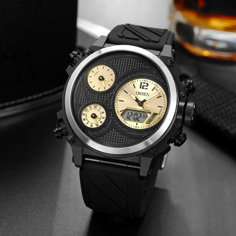 OHSEN брендовые Цифровые кварцевые мужские модные наручные часы montre homme два зоны