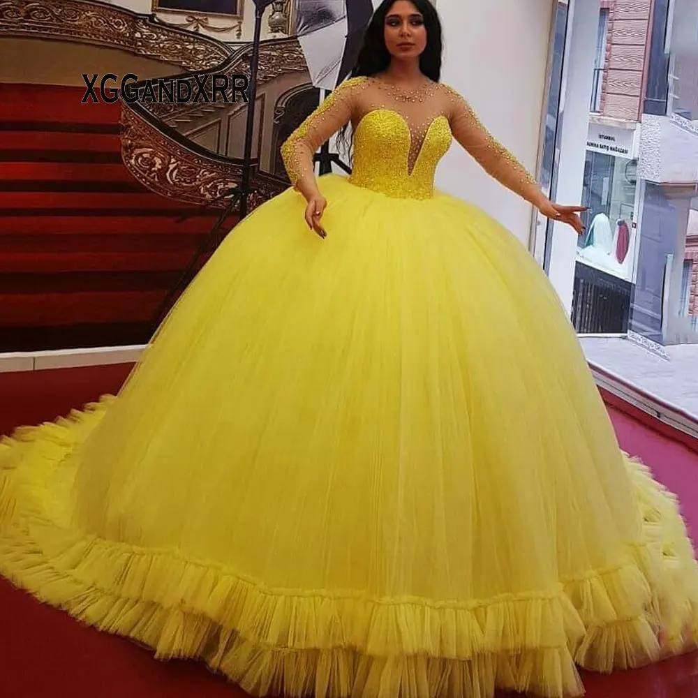 

Sparkly Yellow Long Sleeves Ball Gown Quinceanera Dress 2021 Elegant Beaded Crystals Corset Puffy Prom Dress Luxury Arab Style