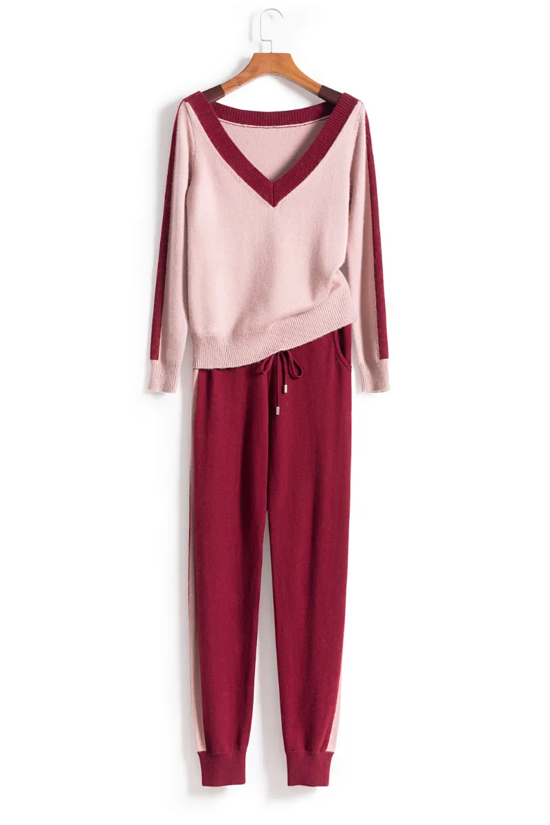 

Women's Cashmere Knit Two-piece Fashion V-neck Color Matching Pullover And Pants 2 Piece Set 2020 Hot Sale Full Wool Casual