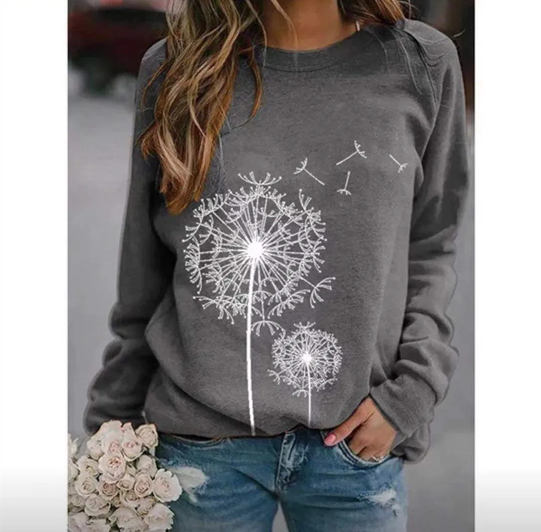 

2019 European And American-Style Autumn And Winter Hot Selling Dandelion Printed O Neck Crew Neck Long Sleeve Casual Loose-Fit H